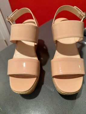 Prada Blush Patent Leather Espadrille Wedge Sandals